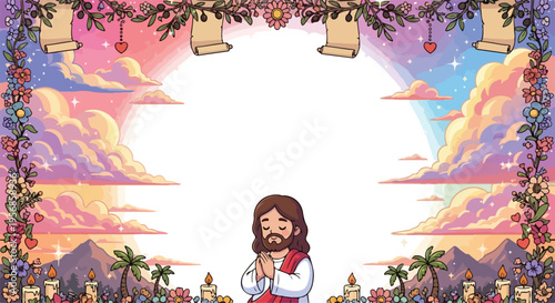 Jesus Christ walking in a field during sunset with a decorative floral and cloudy frame.