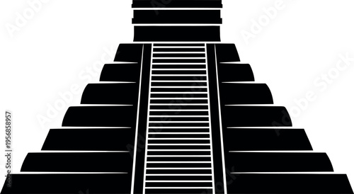 A black silhouette of a stepped pyramid with a central staircase