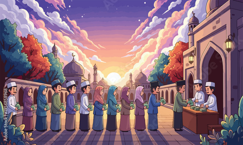 Muslim community queuing for food distribution near a mosque during the holy month of Ramadan.