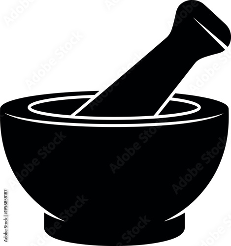 A simple black and white illustration of a mortar and pestle