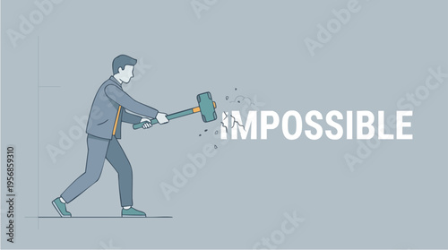Businessman Breaking the Word Impossible with a Hammer to Symbolize Overcoming Challenges and Achieving Success