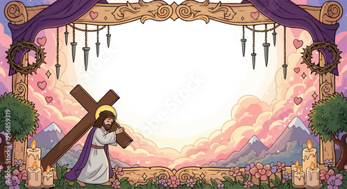 Illustration of Jesus Christ carrying the heavy wooden cross on his shoulder during the stations of the cross for good friday.