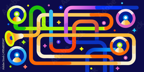 Abstract illustration of colorful trombone shapes with silhouetted figures