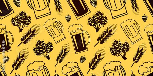 Seamless pattern of beer mugs hops and wheat on yellow background