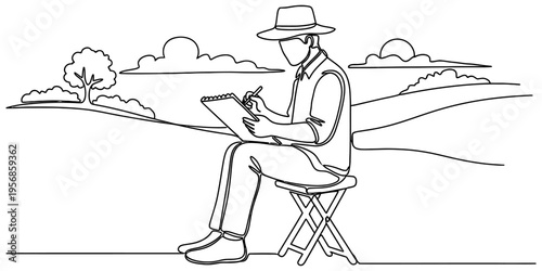 Minimal one line farmer writing notes sitting rural landscape