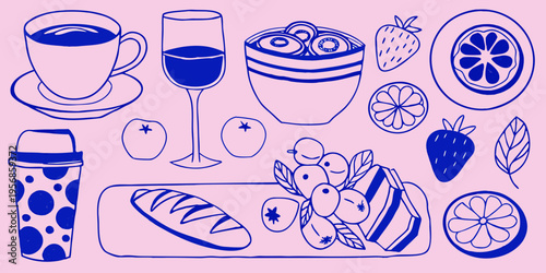 A colorful illustration of various beverages and fruits on a pink background