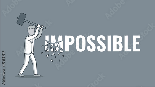 Businessman breaking through glass wall with hammer to reveal the word impossible as a symbol of overcoming challenges and achieving success
