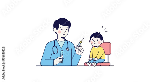 A male doctor in blue scrubs explains a syringe to a frightened young boy sitting in a pink chair on International Day of Mathematics with a worried expression