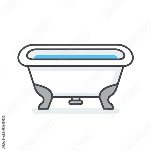 Classic white bathtub with blue water and claw feet