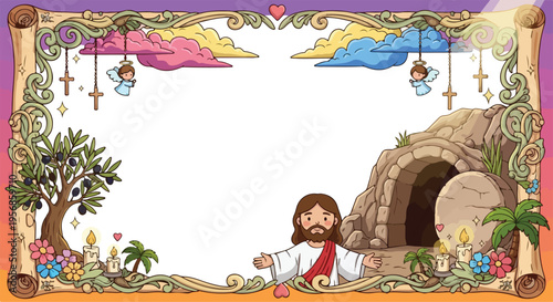 Decorative floral frame showing Jesus Christ rising from the tomb during the Resurrection.