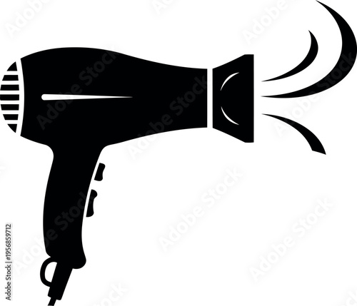 A black silhouette of a hair dryer with airflow depicted