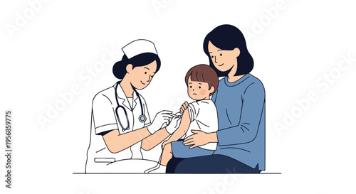 A nurse administers a vaccination to a baby held by a mother on International day of mathematics with a simple, illustrative style and a calm mood against a clean white background