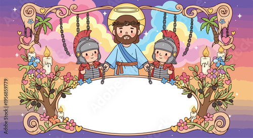 Illustration of Jesus Christ in the garden of Gethsemane praying with a decorative floral border.