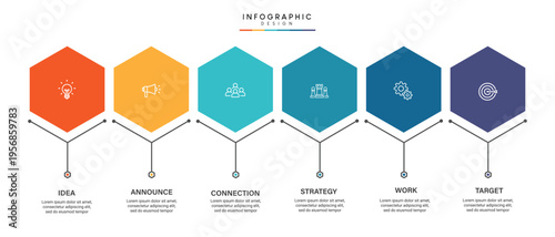 A colorful infographic template with six hexagonal steps for business planning and strategy