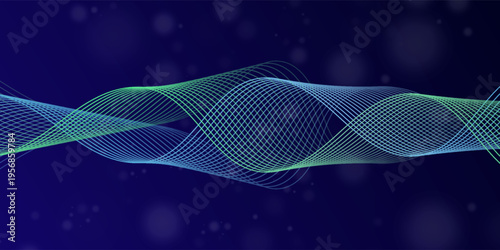 Abstract Technology Background with Intertwined Green and Blue Glowing Frequency Waves on Dark Gradient