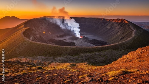 A smoldering volcano crater at sunset with smoke rising from the center