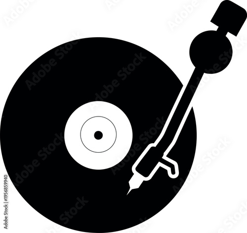 A simple black and white illustration of a vinyl record and tonearm