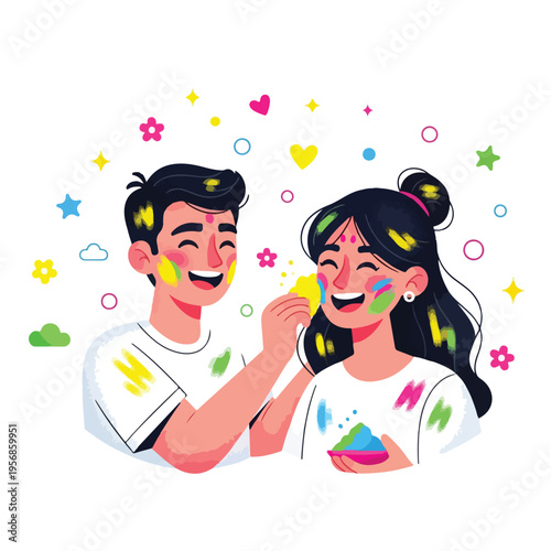 Young Indian couple putting colorful powder on each other's faces for Holi festival celebration.