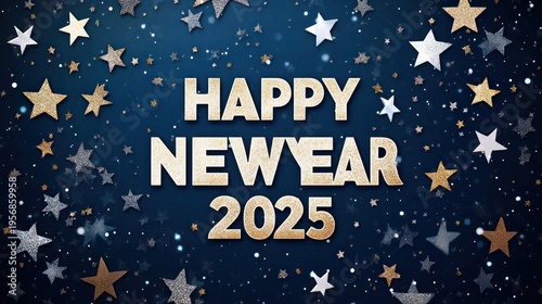 Glittering gold Happy New Year 2025 text on a starry blue background with silver and gold stars and festive confetti
