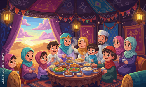 Muslim family and friends gathering for iftar dinner feast inside a traditional tent during Ramadan.