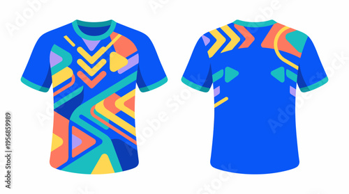 Blue T-shirt with colorful abstract geometric pattern