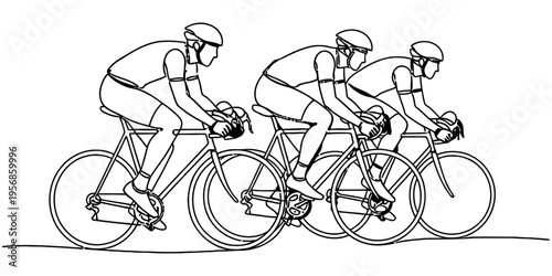 Continuous one line drawing of three professional cyclists racing together