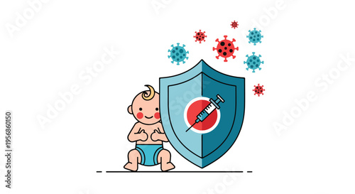 Cartoon illustration of a sick baby sitting next to a shield with a syringe and virus symbols around, representing protection on International day of mathematics with a mix of red and blue
