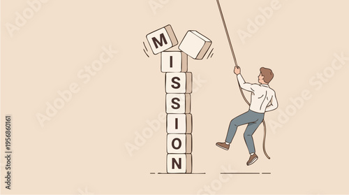 Businessman Climbing a Rope Toward the Word Mission Made of Stackable Blocks Illustrating Success and Goals