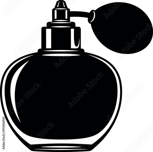 Vintage perfume atomizer bottle in a black and white illustration