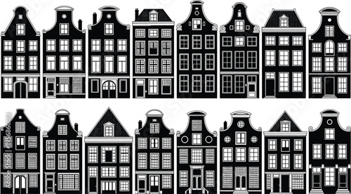 Black and white illustration of traditional Dutch canal houses with ornate gables, narrow facades, historic European architecture, Amsterdam cityscape featuring decorative