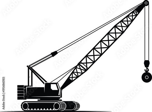 Black and white illustration of crawler crane with lattice boom, tracked base, and hook system, heavy construction equipment for lifting and moving large materials.