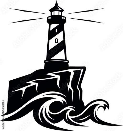 Stylized black and white illustration of a lighthouse on rocky coast