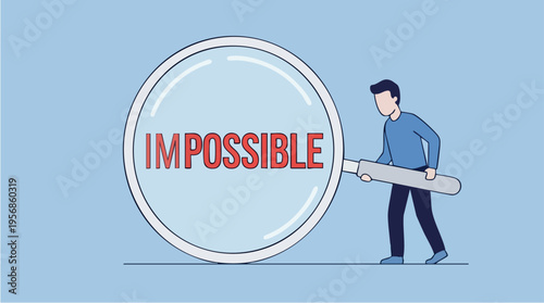 Businessman examining the word Impossible through a magnifying glass, symbolizing analysis and overcoming challenges, modern digital illustration for motivation and success concepts