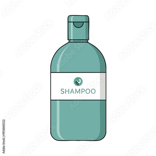 Flat illustration of a teal shampoo bottle with a white label and flip-top cap