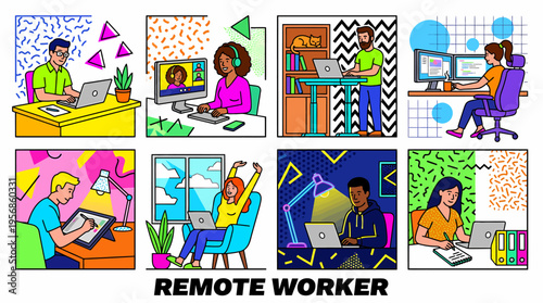 Diverse people working remotely from home, cartoon style