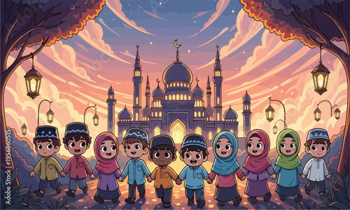 Group of young Muslim children standing together in front of an ancient mosque architecture.
