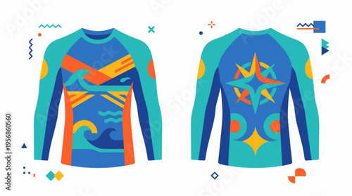 Long Sleeve Rash Guard Shirt, Front and Back View, Surf Design