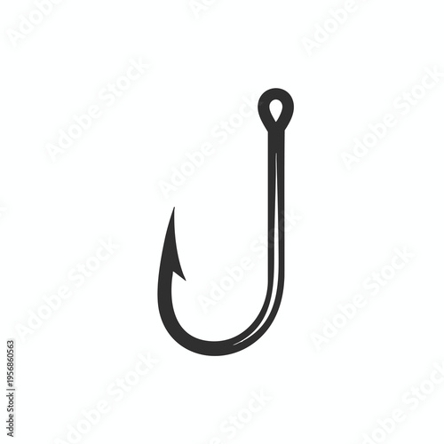 A stylized, dark gray fishing hook with a pointed barb and a loop