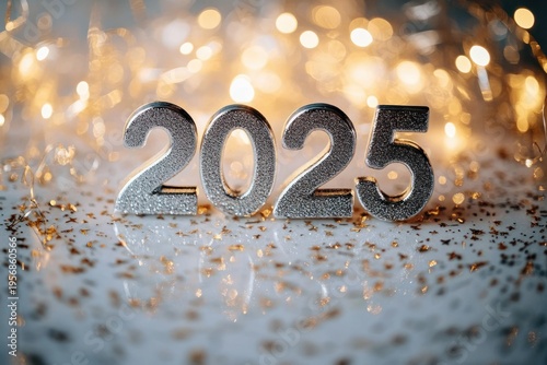 silver glitter numbers 2025 standing on a reflective surface with scattered gold confetti and warm bokeh lights, festive celebratory mood and hopeful anticipation