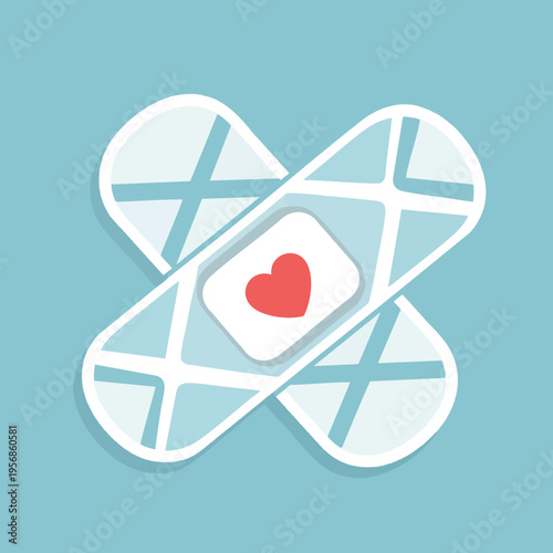 Two overlapping medical bandages form a cross, with a red heart on the center patch