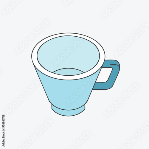 An isometric, light blue cup with a white rim and a blue handle on a grey background