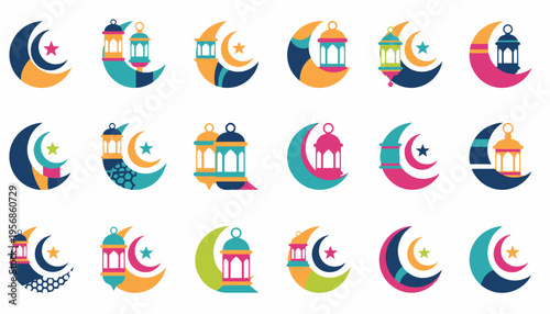 Ramadan Moon Lantern Icons Set