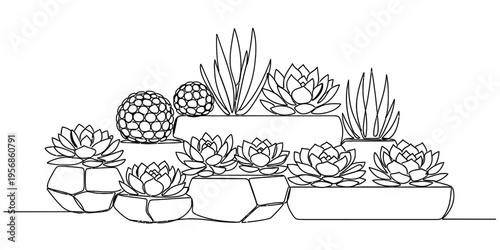 Continuous One Line Drawing of Minimalist Succulent Plants in Pots