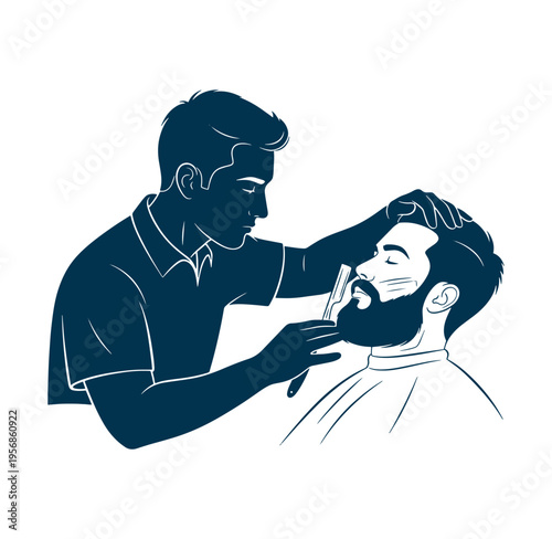 barber shaving a mans beard with a straight razor in a grooming session