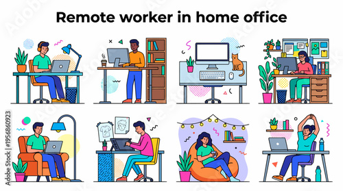 Remote worker in home office, diverse people working on laptops