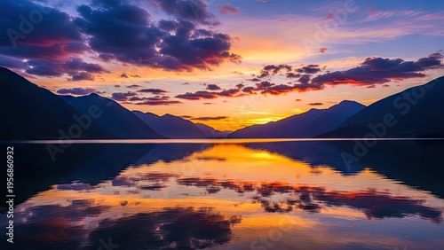 A serene lake surrounded by mountains during a vibrant sunset