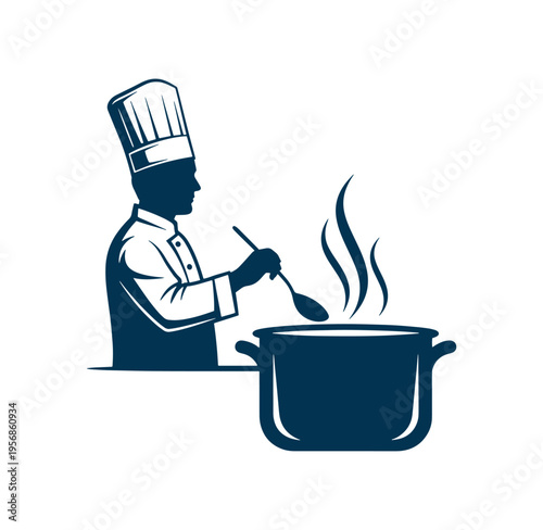 A chef in a white uniform and tall hat stirring a large pot of food with a spoon  cooking illustration
