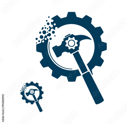 blue icons of hammer and gear with particles on white background