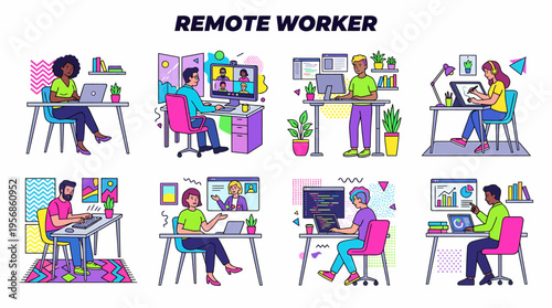 Remote Workers Set: Diverse People Working From Home Office
