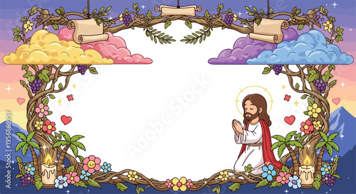 Decorative floral frame showing Mary praying and a religious scene in the background.